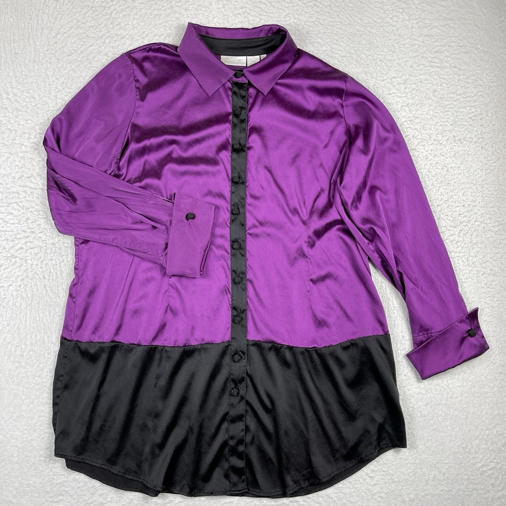 Soft Surroundings Shirt Womens 1X Black Purple Colorblock Silk Button Up Buttons